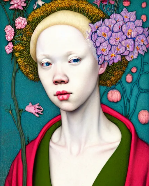 Image similar to portrait of a woman with albinism, wearing a neon blue hoodie, standing in a botanical garden full of flowers, intricate details, high detail, in the style of rogier van der weyden and jacopo da pontormo, by mark ryden, punk, asian art,