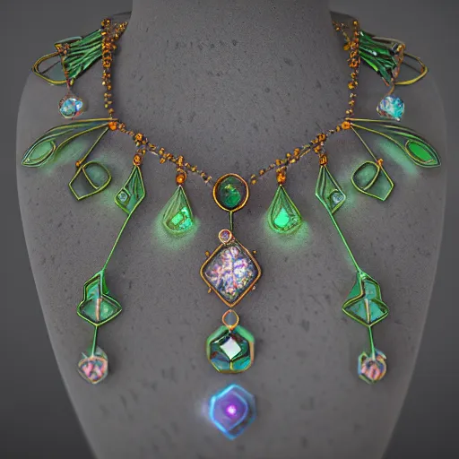 Prompt: intricate! organic, nordic wedding ring, necklace, gemstones, dreamy floral background, ultradetailed, refraction, occlusion, lower and upper levels, keyshot render, octane render, vray render