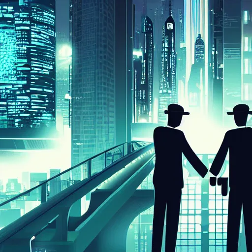 Image similar to two secret agents handing over a briefcase, detailed digital illustration, cyberpunk, nighttime