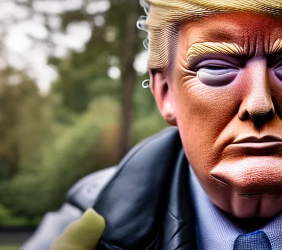 Image similar to award winning 5 5 mm close up portrait photo of trump with a half biomechanical cybernetic face, in a park by luis royo. soft light. sony a 7 r iv