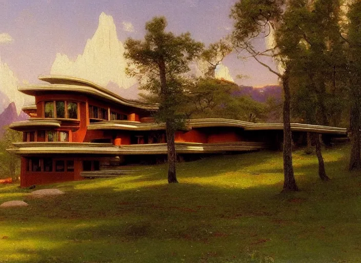 Image similar to painting of a frank lloyd wright house in front of beautiful mountains by albert bierstadt