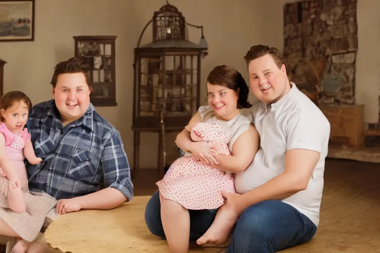 Image similar to charming and chubby parents and their baby girl, wearing a polka dot cloths and a victorian - style hairdo, sits in the large and bright studio. sunlight enters through the barred window. very realistic shiny skin. subsurface scattering shiny skin. beautiful lighting, 4 k post - processing, highly detailed, 5 k extremely detailed, 3 d. cinematic scene.