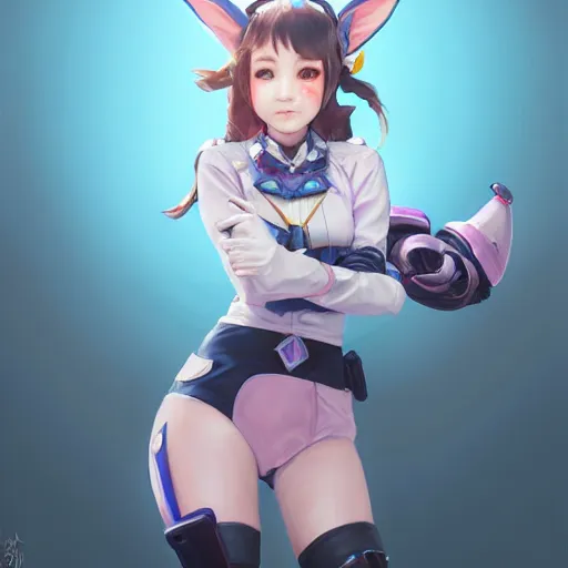 Image similar to Stunning Portrait of Bunny Ears D.VA from Overwatch wearing a police uniform by Kim Jung Gi, holding handcuffs in one hand Blizzard Concept Art Studio Ghibli. oil paint. 4k. by brom, Pixiv cute anime girl wearing police gear by Ross Tran, Greg Rutkowski, Mark Arian, soft render, octane, highly detailed painting, artstation