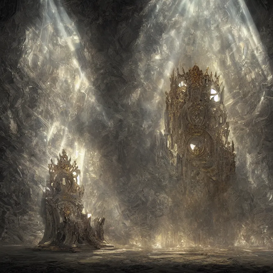 Image similar to digital painting of daniel dociu representing a throne room where a sun ray illuminate the throne, fantasy, elegant, highly detailed, matte, illustration