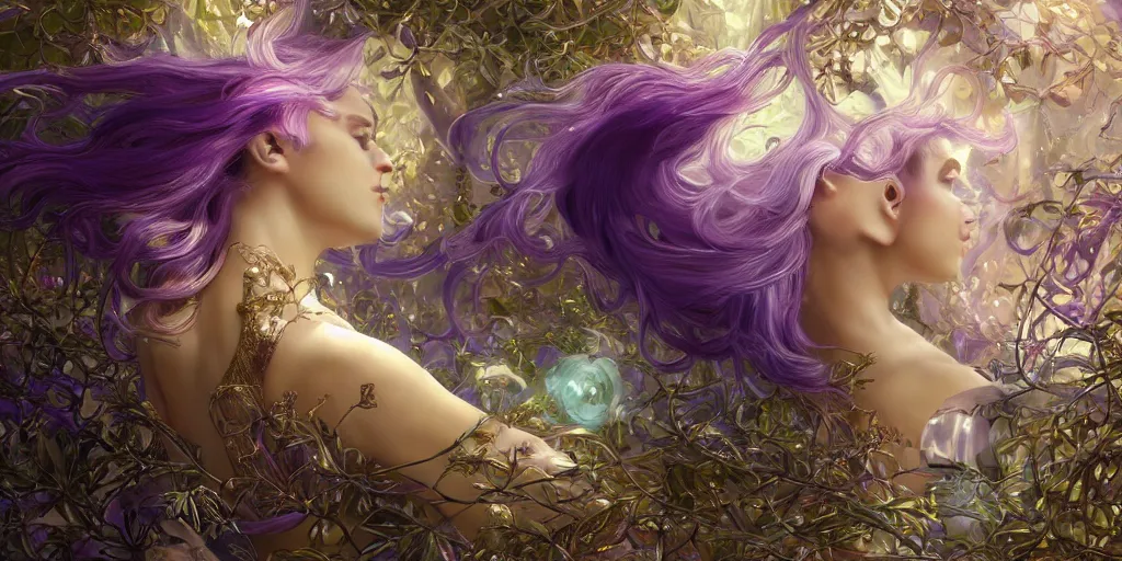 Image similar to wide angle, opalescent purple panther, metallic silver and ice color reflected crystal hair, leaping from babaob tree, fantasy, intricate, very beautiful, elegant, golden light, highly detailed, digital painting, artstation, concept art, smooth, sharp focus, unreal engine, art by wlop and tian zi and alphonse mucha