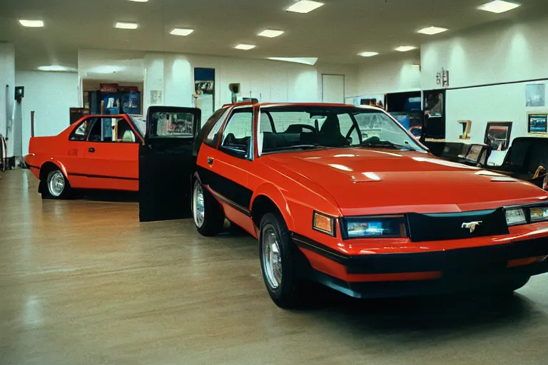 Image similar to 1985 Fox Body Mustang inside of an auto dealership, ektachrome photograph, volumetric lighting, f8 aperture, cinematic Eastman 5384 film