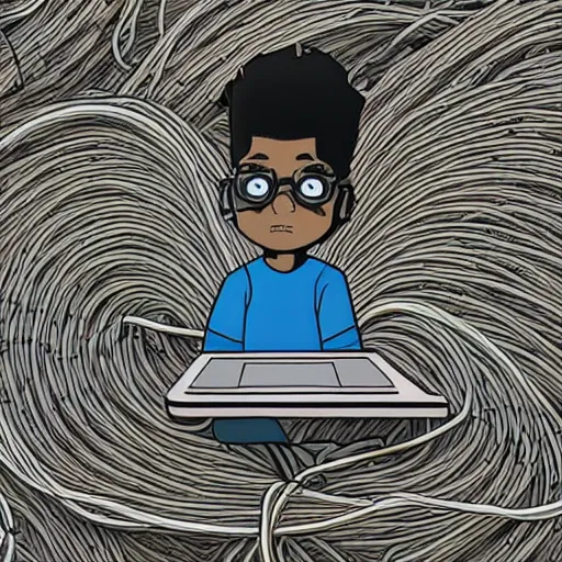 Prompt: illustration of a boy connected to his laptop with hundreds of wires, highly detailed, cel shading, by butcher billy, cgsociety, mcbess, rutkowski, james jean, 8 k, photorealistic