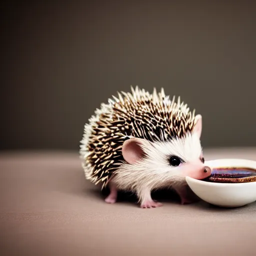 Prompt: baby hedgehog in a teacup, bokeh, sigma 5 0 mm f / 1. 4, minimalistic, 8 k