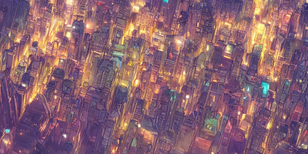 Image similar to the city that never sleeps, mythology, fairy tale, urban landscape, evening, highly detailed, low angle view, studio ghibli, artstation