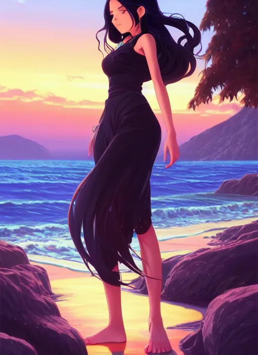 Image similar to a beautiful girl with long black hair in, island background, intricate, highly detailed, digital painting, artstation, official media, anime key visual, concept art, rich vivid colors, ambient lighting, sharp focus, illustration, art by Artgerm, Makoto Shinkai, Ilya Kuvshinov, Lois Van Baarle, and Rossdraws