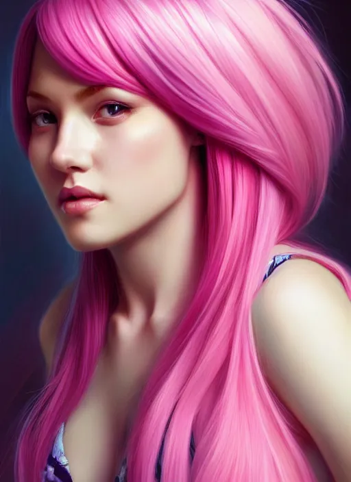 Image similar to photo of a gorgeous young woman with pink hair, in the style of stefan kostic, realistic, sharp focus, 8k high definition, insanely detailed, intricate, elegant, art by stanley lau and artgerm