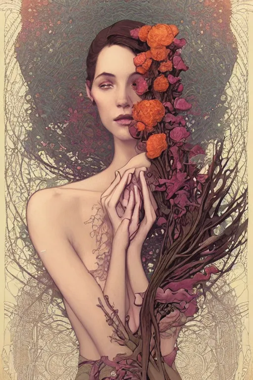 Image similar to portrait of a beautiful mysterious woman underwater, hidden hands holding a bouquet of flowers, corals and fish, by eve ventrue, michael carson, andreas rochas, john watkiss, casey weldon, artgerm. art nouveau. tarot card by mucha. gloomhaven. swirly intricate linework background. gaudy colors, sharp edges. octane render