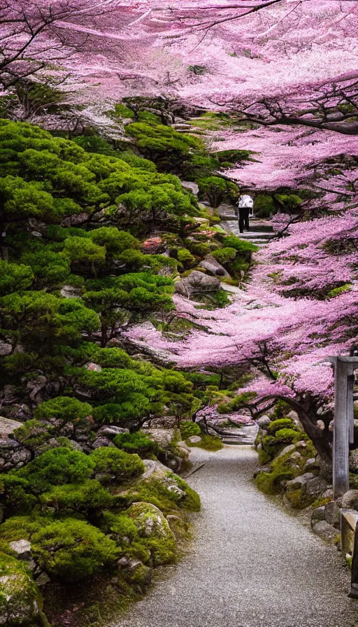 Prompt: a shinto shrine path atop a mountain,spring,cherry trees,beautiful,nature,distant shot,isometric