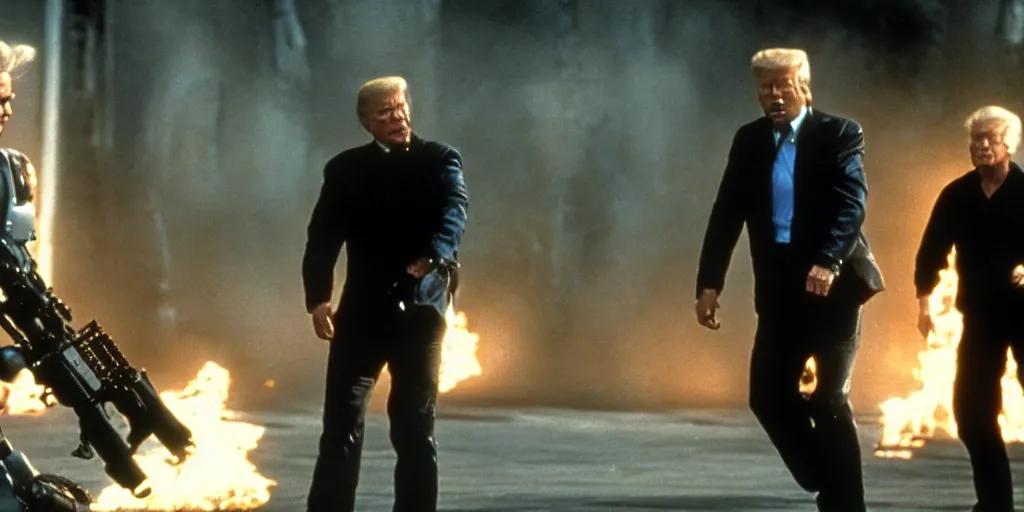 Image similar to joe biden in the terminator shooting terminator donald trump, cinematic, two characters, highly detailed, photorealistic, cinematic lighting, James Cameron, hr GIGER