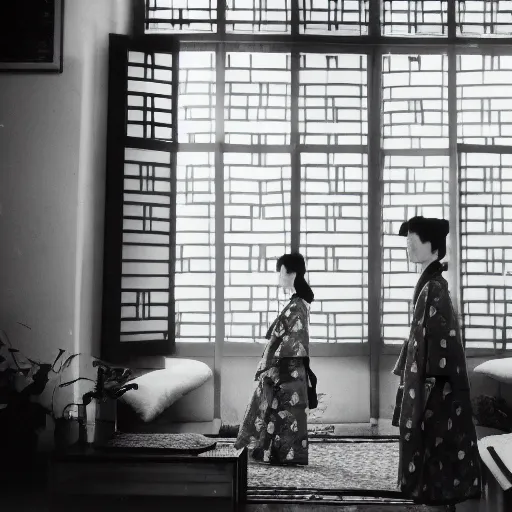 Image similar to woman in traditional hanbok waiting in living room while a giant Kaiju-eiga starfish is behind the window, 35mm film still, monochrome Wes Anderson and Fritz Lang