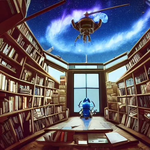 Image similar to Interior of an observatory, Blue light, Telescope, Shelves of books, Cluttered with Star maps, charts and tools, Dramatic lighting, Epic composition, Wide angle, by Miyazaki, Nausicaa Ghibli, Breath of The Wild