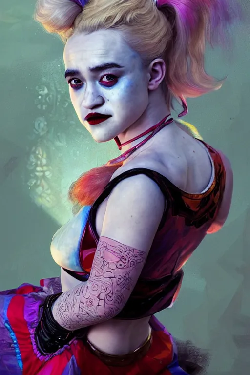 Prompt: portrait of julia garner as harley quinn as delirium of the endless, the sandman, rainbow clothes, in persian temple wet night, sci - fi and fantasy, intricate and very very beautiful and elegant, highly detailed, digital painting, artstation, concept art, smooth and sharp focus, illustration, art by tian zi and wlop and alphonse mucha