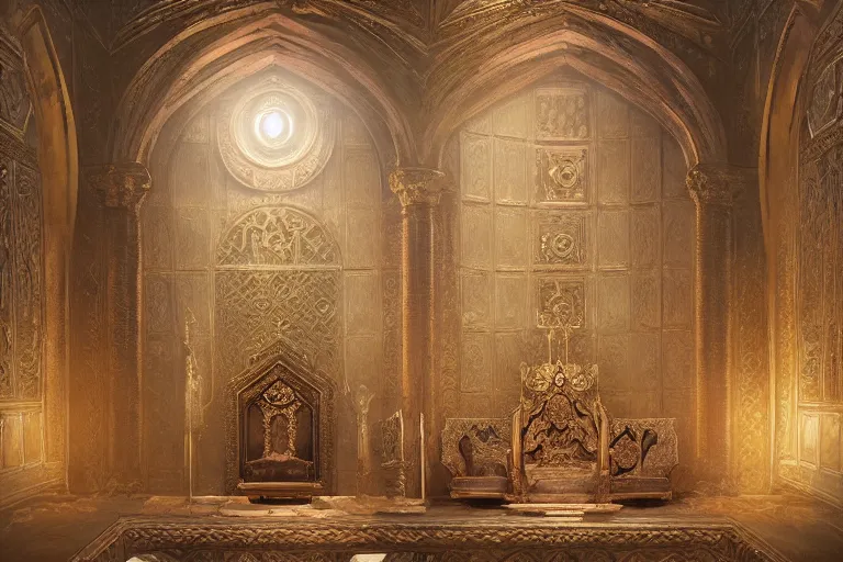 Image similar to byzantine throne room, highly detailed, digital painting, artstation, concept art, sharp focus, illustration, art by artgerm and greg rutkowski