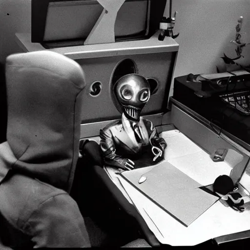 Prompt: Alien wearing a suit working a desk job at Area 51 in the 1960s