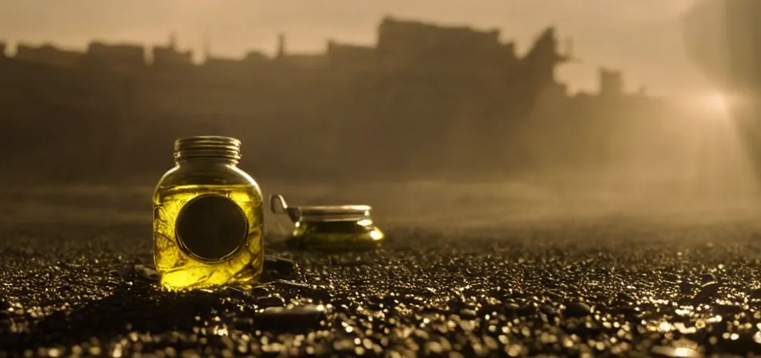 Prompt: a close - up of an nvidia gpu preserved in a jar of olive oil, foggy, sun rays, cinematic shot, photo still from movie by denis villeneuve, wayne barlowe