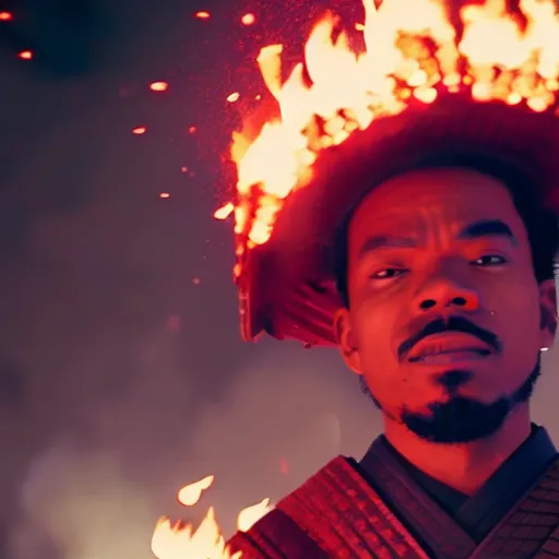 Image similar to cinematic film still of Chance The Rapper starring as a Samurai holding fire, Japanese CGI, VFX, 2022, 40mm lens, shallow depth of field, film photography