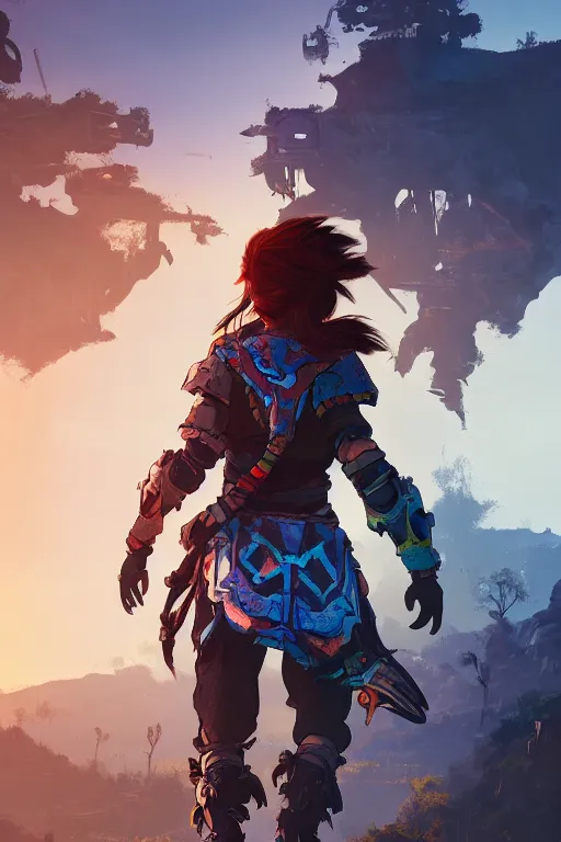 Image similar to combination suit armor aloy horizon forbidden west horizon zero dawn radiating a glowing aura global illumination ray tracing hdr fanart arstation by ian pesty and alena aenami artworks in 4 k tribal robot ninja mask helmet backpack