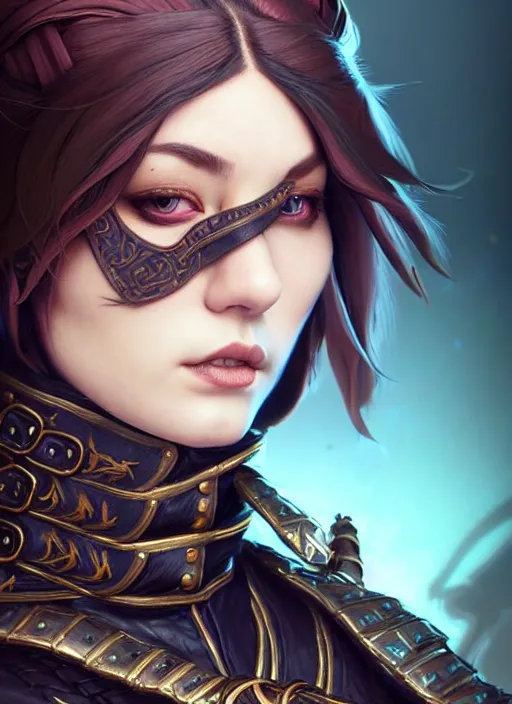 Image similar to rogue, fantasy ornate leather bandit outfit!!! close - up portrait beautiful and athletic short hair female!! gorgeous face and eyes!! character concept art, sharp focus, octane render! unreal engine 5! highly rendered!! trending on artstation!! detailed linework!! illustration by artgerm, wlop, and chie yoshii