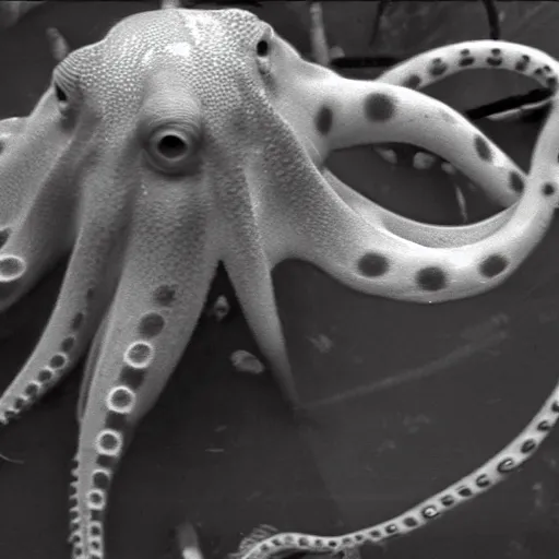 Prompt: octopus trailcam footage, grainy black and white, low quality, security camera