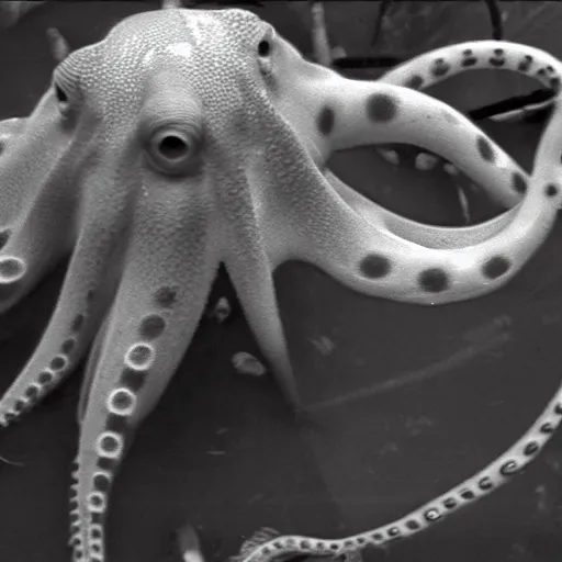 Image similar to octopus trailcam footage, grainy black and white, low quality, security camera