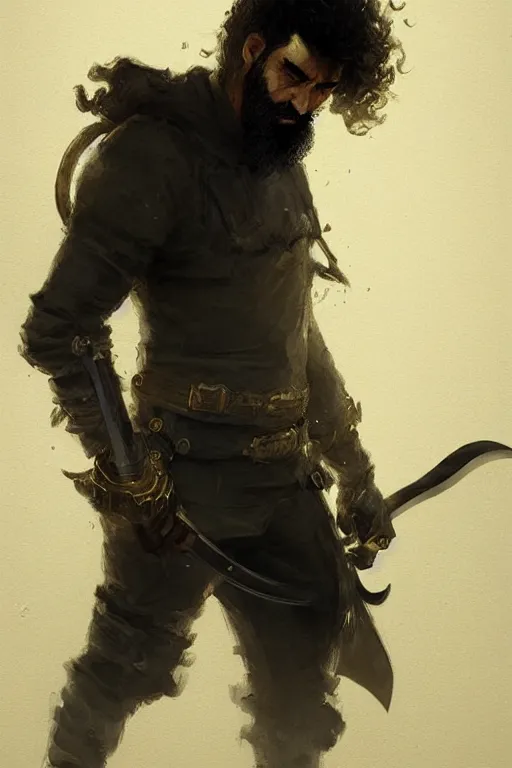 Image similar to Arab man light beard, curly hair, swordsman, modern, hero, yellow and charcoal leather, highly detailed, digital painting, artstation, concept art, sharp focus, illustration, by greg rutkowski