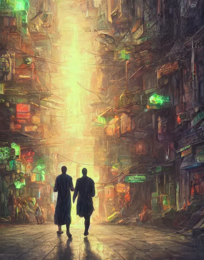 Image similar to god walking the streets of subway city, masterpiece, perfect composition, hyperrealistic, intricate oil pastel glow, dynamic lighting, photorealistic, fantasy concept art, ambient lighting, atmospheric moss, stunning visuals, creative, cinematic, ultra detailed, trending on art station