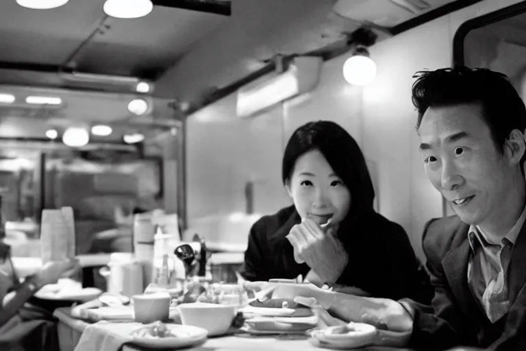 Image similar to movie interior closeup beautiful Japanese couple closeup sitting and talking at 50s diner, night in the city, beautiful skin, by Emmanuel Lubezki