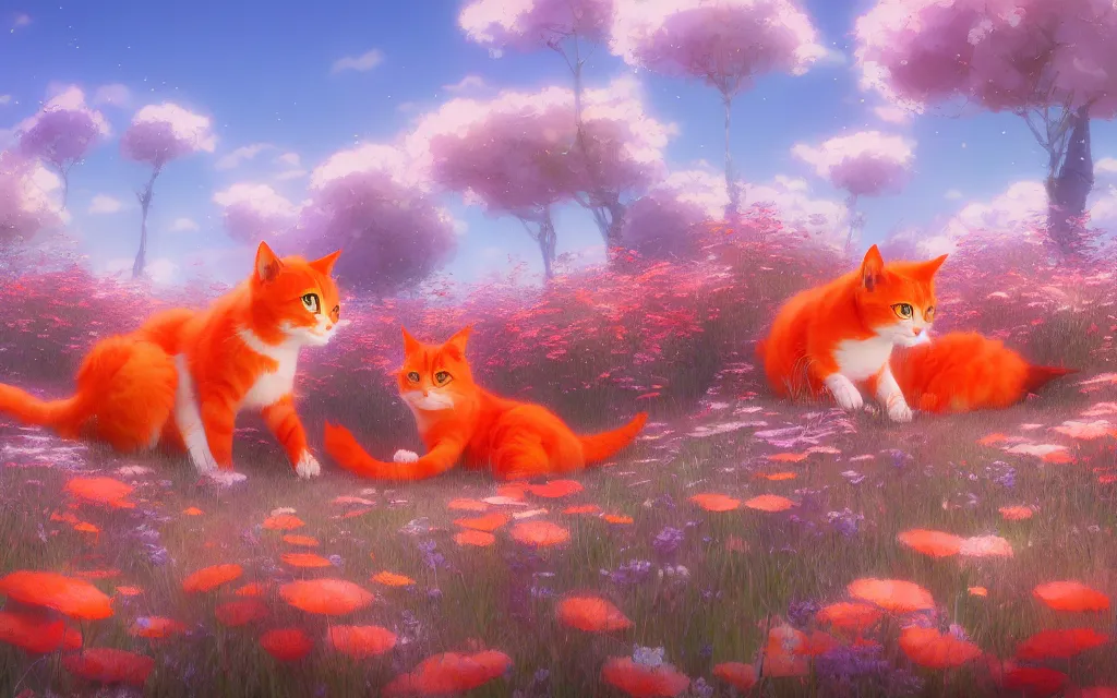 Prompt: cute orange cats in a field of flowers, digital illustration, by makoto shinkai and ruan jia