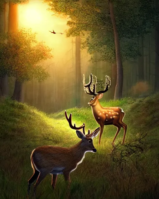 Image similar to a large potato shooting a deer in the woods with sun high above and cloudy, ultra realistic, concept art, intricate details, highly detailed