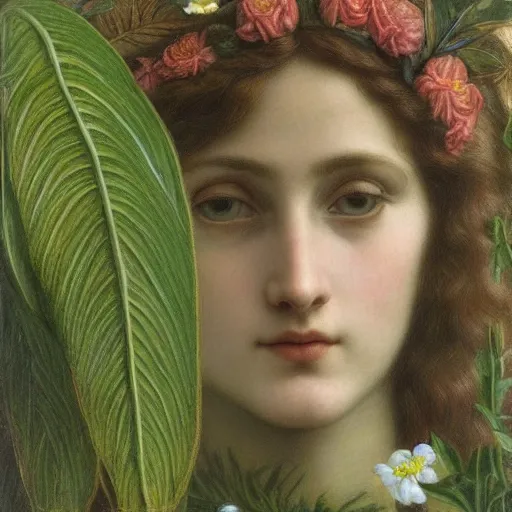 Image similar to Pre-Raphaelite goddess of nature in the style of John William Godward, close-up portrait, in focus, flowers and plants, moody, intricate, mystical