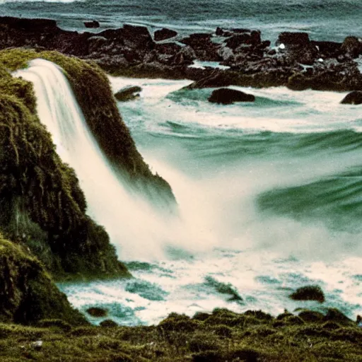 Image similar to 1 9 7 0's artistic spaghetti western movie in color, a woman in a giant billowy wide flowing waving dress made out of sea foam, standing inside a green mossy irish rocky scenic landscape, crashing waves and sea foam, volumetric lighting, backlit, moody, atmospheric