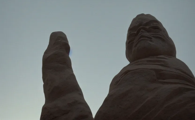 Image similar to screenshot of low angle wide shot of ancient Jedi sculpture looming in the sky outside the foggy Jedi Temple scene from The Force Awakens, 1970s film by Stanley Kubrick, serene, iconic scene, hazy, stunning cinematography, hyper-detailed, sharp, anamorphic lenses, kodak color film, 4k