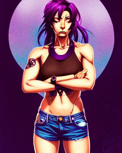 Image similar to a portrait of revy from black lagoon, dilraba dilmurarevy, smirk, black tank top, jean shorts, brown eyes, purple hair, tribal tattoos right arm sleeve, symmetrical eyes, symmetrical face, art by lois van baarle and loish and ross tran and rossdraws and sam yang and artgerm