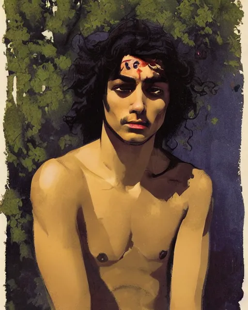 Image similar to a beautiful but sinister ethnically ambiguous young man in layers of fear, with haunted eyes and wild hair, 1 9 7 0 s, seventies, woodland, a little blood, wildflowers, moonlight showing injuries, delicate embellishments, painterly, offset printing technique, by brom, robert henri, walter popp