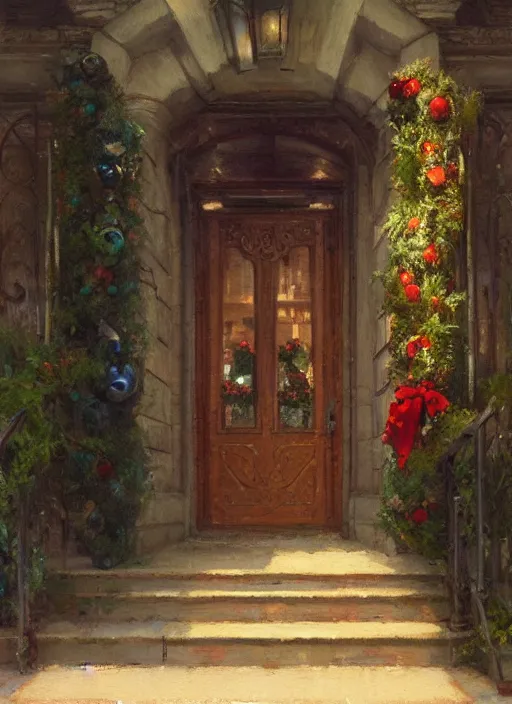 Image similar to new york apartment entrance, wreath on door, artwork by gaston bussiere, craig mullins, trending on artstation