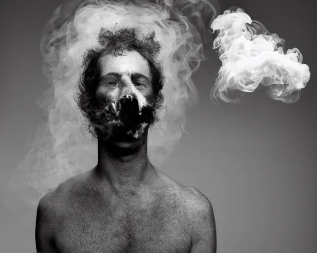 Image similar to a man who's head is turning into a puff of smoke, annie liebowitz, black and white