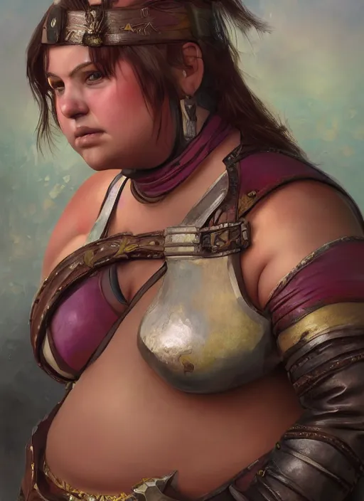 Image similar to hyper realistic photo of medieval chubby beautiful warrior girl, full body, rule of thirds, conceptart, saturated colors, brom, artstation, cgsociety