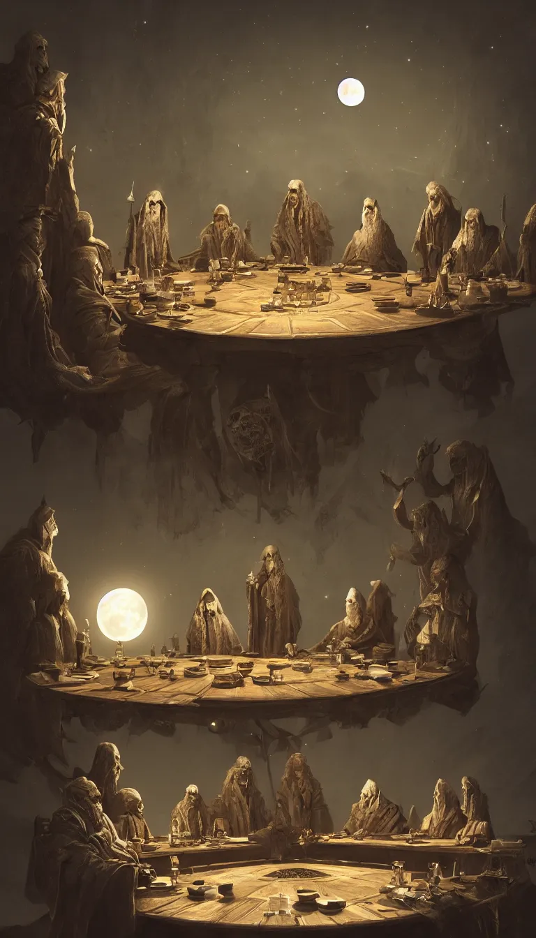 Image similar to A meeting of the council of elders, robed figures sat around a table, beautiful architecture, night time, stars visible, beautiful moon light, concept art, fantasy art, digital art by michal karcz, trending on artstation, highly detailed, 8k