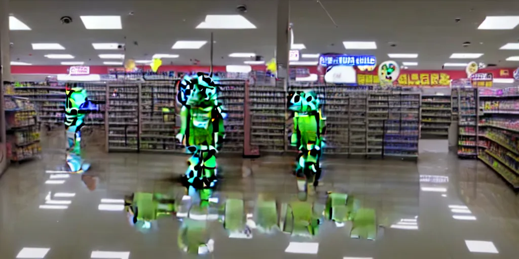 Image similar to abandoned robot android factory in a convenience store, damaged camcorder video