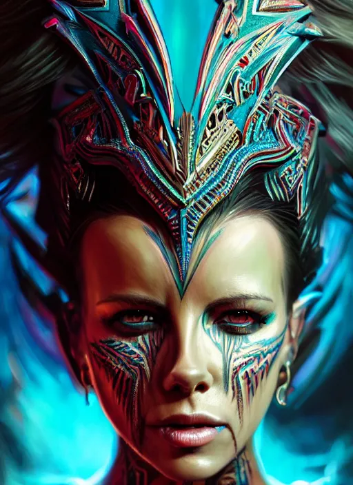 Prompt: portrait, hyper detailed ultra sharp aztec underworld warrior trance girl, breathtaking, kate beckinsale. trending on artstation, warpaint aesthetic, earthwave, colorful, neon, ornate, intricate, digital painting, concept art, smooth, sharp focus, illustration, art by artgerm and greg rutkowski and h. r. giger, 8 k