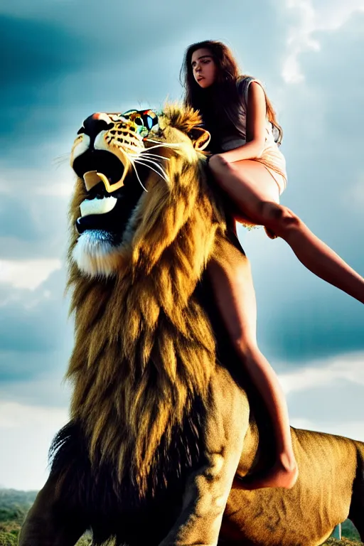 Image similar to girl riding on a lion, 2 0 year old girl, girl sitting on the lion, lion roaring, extremely detailed, high quality, cinematic, dramatic lightning, photo realistic, beautiful face, highly detailed face, 4 k