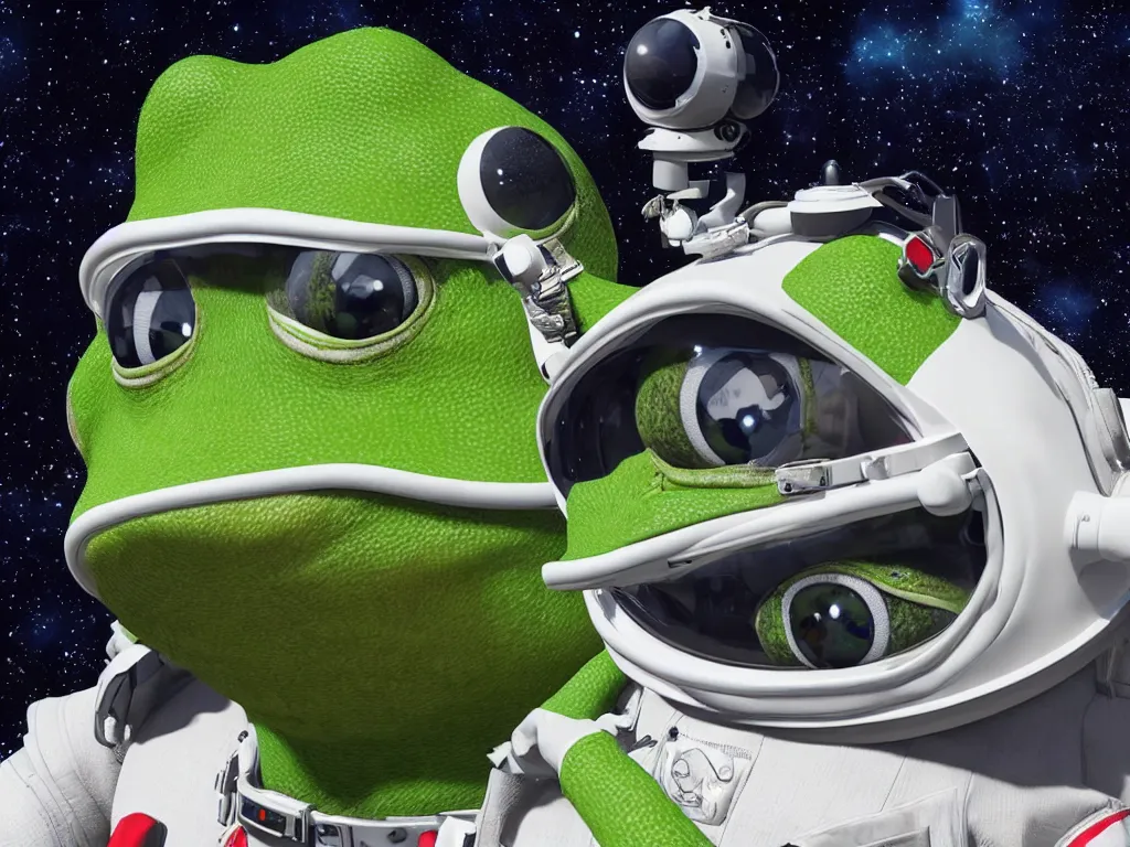 Image similar to hyper realistic, unreal engine 5, 8k, detailed, pepe the frog wearing spacesuit floating in space, photorealism