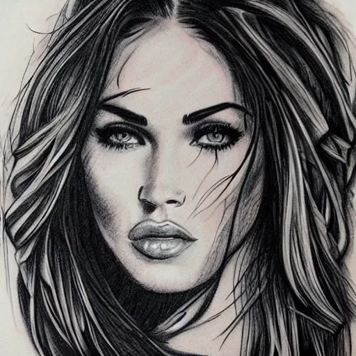 Image similar to tattoo sketch of megan fox's face shape in amazing mountain scenery, in the style of dan mountford