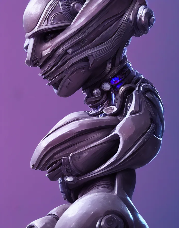 Image similar to beautiful portrait of friendly attractive alien cyborg, style of Feng Zhu, Artstation geometric, aesthetic, smooth skin, unique features, symmetrical, intricate crown, high fashion, streetwear, cyberpunk, detailed, octane render, cinematic, 8k, purple skin, brown skin