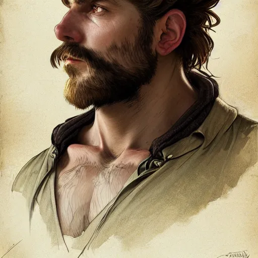 Image similar to portrait of a rugged ranger, muscular, upper body, hairy torso, D&D, fantasy, intricate, elegant, highly detailed, digital painting, artstation, concept art, smooth, sharp focus, illustration, art by alphonse mucha